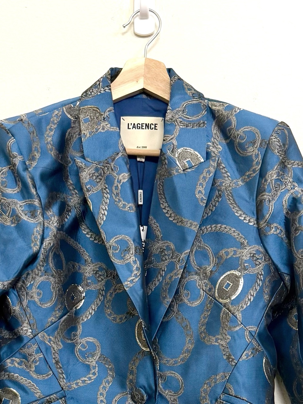 NWT L'AGENCE  Sheila Longline Jacquard Blue Silver Good Luck Chain Blazer Sz 8 - Picture 11 of 16